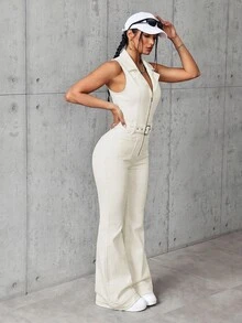SHEIN EZwear 女款純色拉鍊時尚極簡休閒街頭風牛仔連身褲 外出夜生活米色夏季 - 杏色 - 查看 8