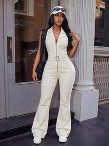 SHEIN EZwear 女款純色拉鍊時尚極簡休閒街頭風牛仔連身褲 外出夜生活米色夏季 - 杏色 - 查看 1
