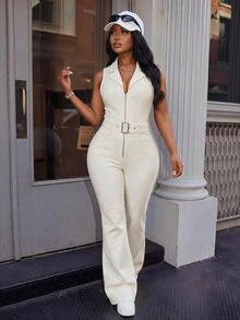 SHEIN EZwear 女款純色拉鍊時尚極簡休閒街頭風牛仔連身褲 外出夜生活米色夏季 - 杏色 - 查看 2