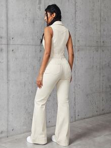 SHEIN EZwear 女款純色拉鍊時尚極簡休閒街頭風牛仔連身褲 外出夜生活米色夏季 - 杏色 - 查看 4