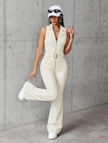 SHEIN EZwear 女款純色拉鍊時尚極簡休閒街頭風牛仔連身褲 外出夜生活米色夏季 - 杏色 - 查看 7