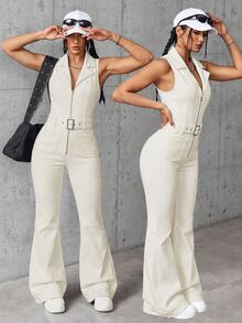 SHEIN EZwear 女款純色拉鍊時尚極簡休閒街頭風牛仔連身褲 外出夜生活米色夏季 - 杏色 - 查看 3
