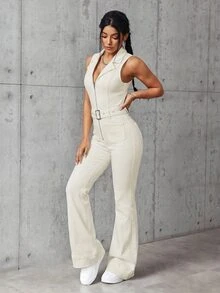 SHEIN EZwear 女款純色拉鍊時尚極簡休閒街頭風牛仔連身褲 外出夜生活米色夏季 - 杏色 - 查看 6