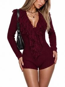 SHEIN ICON Romper Rajut Leher V Dalam Seksi dengan Hiasan Rumbai untuk Wanita - Burgundy - View 1