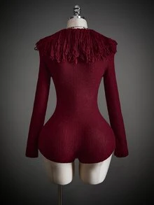 SHEIN ICON Romper Rajut Leher V Dalam Seksi dengan Hiasan Rumbai untuk Wanita - Burgundy - View 2