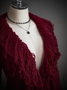 SHEIN ICON Romper Rajut Leher V Dalam Seksi dengan Hiasan Rumbai untuk Wanita - Burgundy - View 9