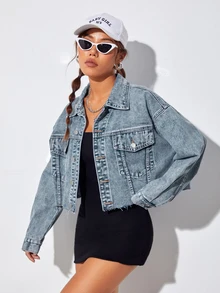 Rivivi Women's Drop Shoulder Long Sleeve Single-Breasted Casual Frayed Denim Jacket - Blue - View 8