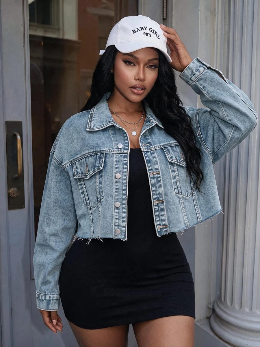 Rivivi Women's Drop Shoulder Long Sleeve Single-Breasted Casual Frayed Denim Jacket - Blue - View 1