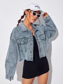 Rivivi Women's Drop Shoulder Long Sleeve Single-Breasted Casual Frayed Denim Jacket - Blue - View 9
