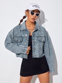 Rivivi Women's Drop Shoulder Long Sleeve Single-Breasted Casual Frayed Denim Jacket - Blue - View 5