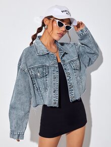 Rivivi Women's Drop Shoulder Long Sleeve Single-Breasted Casual Frayed Denim Jacket - Blue - View 3