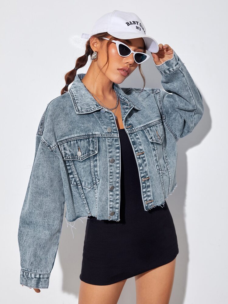 Rivivi Jaket Denim Kasual Wanita Lengan Panjang Model Bahu Jatuh Kancing Tunggal dengan Detail Jumbai - Biru - View 3