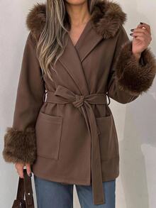 SHEIN EZwear Autumn/Winter Plush Patchwork Hooded Overcoat Jacket - Coffee Brown - View 9