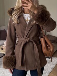 SHEIN EZwear Autumn/Winter Plush Patchwork Hooded Overcoat Jacket - Coffee Brown - View 1