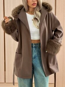 SHEIN EZwear Autumn/Winter Plush Patchwork Hooded Overcoat Jacket - Coffee Brown - View 3