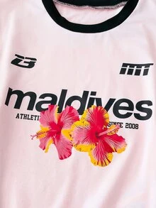 SHEIN 兒童青少年女孩早秋休閒粉色針織字母與花朵印花圓領長袖T恤 - 彩色 - 查看 4