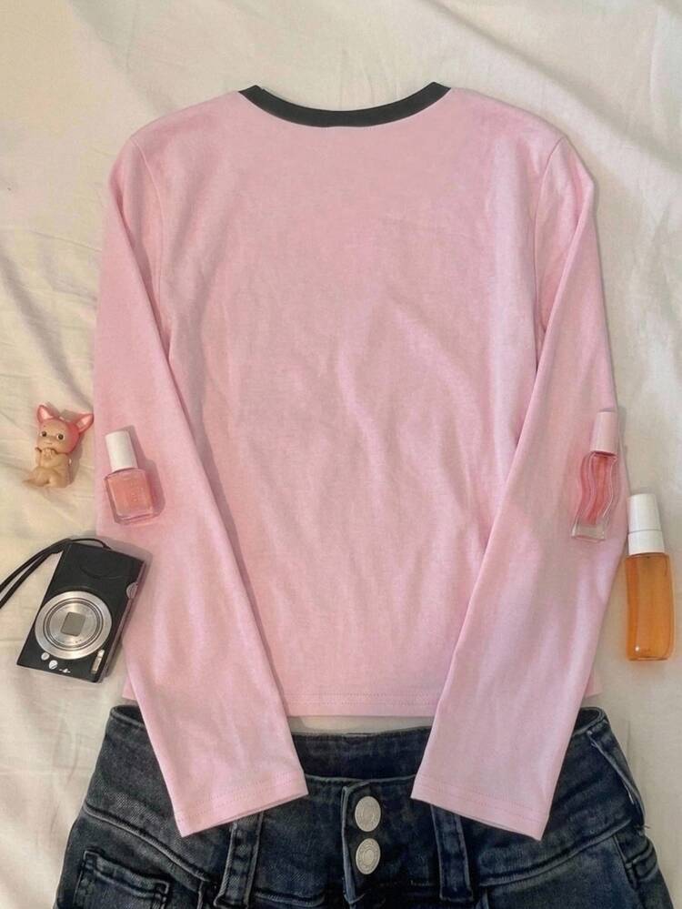 SHEIN Kids Tween Girls T-Shirts Early Autumn Casual Pink Knitted Letter & Flower Print Crew Neck Long Sleeve T-Shirt - Multicolor - View 2