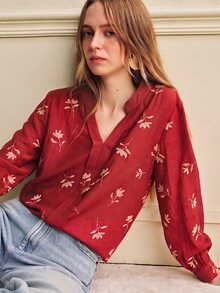 Écloséra Women's Spring/Summer Elegant V-Neck Red Base With Gold Ditsy Floral Long Sleeve Blouse For Outings, Dates And Commuting - Red - View 7