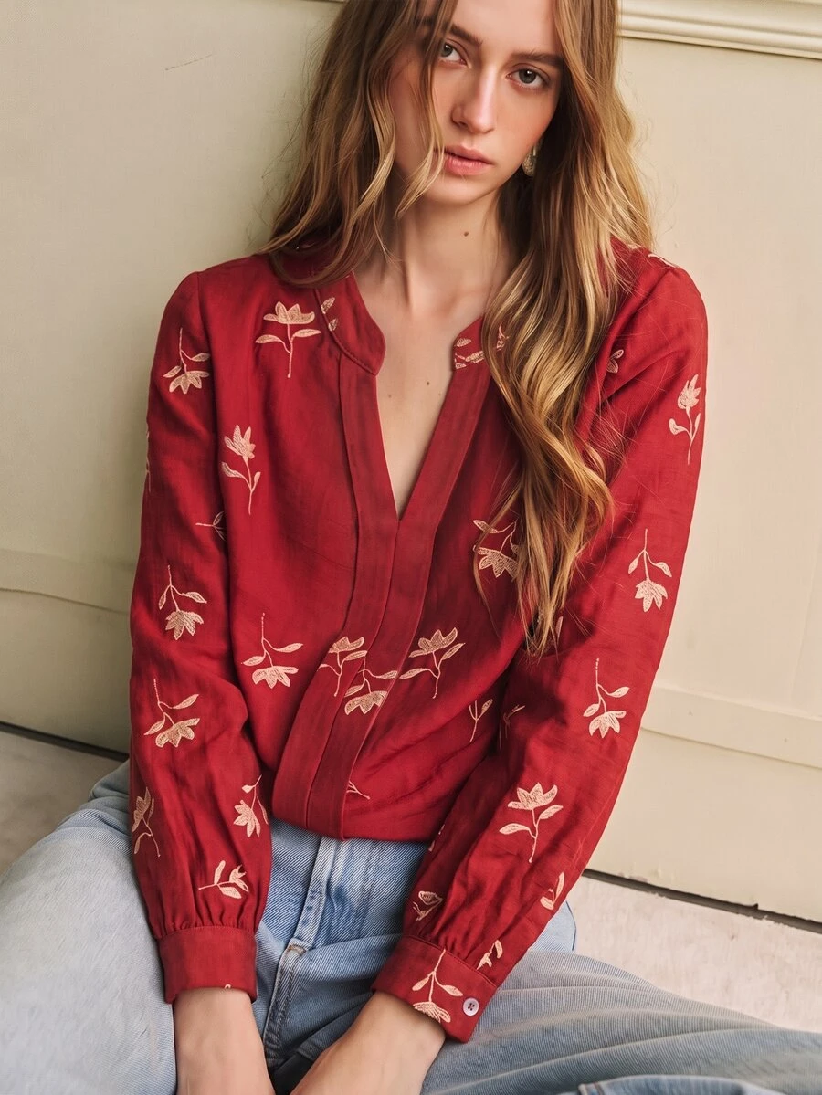 Écloséra Women's Spring/Summer Elegant V-Neck Red Base With Gold Ditsy Floral Long Sleeve Blouse For Outings, Dates And Commuting - Red - View 1