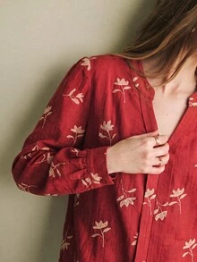 Écloséra Women's Spring/Summer Elegant V-Neck Red Base With Gold Ditsy Floral Long Sleeve Blouse For Outings, Dates And Commuting - Red - View 6