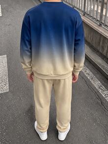 青少年男孩休閒極簡寬鬆舒適長袖圓領運動衫2件套，適合秋冬，經典漸層圖案印花，帥氣Logo圖案印花，適合運動 - 彩色 - 查看 2