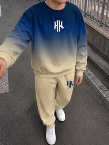 青少年男孩休閒極簡寬鬆舒適長袖圓領運動衫2件套，適合秋冬，經典漸層圖案印花，帥氣Logo圖案印花，適合運動 - 彩色 - 查看 6