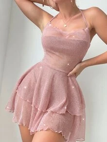 SHEIN Swim 女款後背交叉綁帶粉色甜美罩衫 - 粉色 - 查看 1