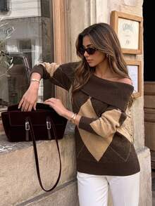 Serisse Sweater Wanita Off-Shoulder Motif Kisi Berlian Kasual Harian Lengan Panjang Musim Gugur Dark Academia Argyle Oversized Tebal - Coffee Brown - View 1