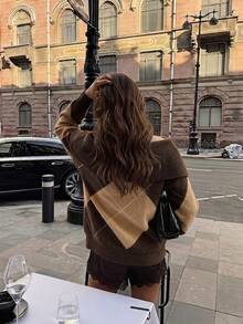 Serisse Sweater Wanita Off-Shoulder Motif Kisi Berlian Kasual Harian Lengan Panjang Musim Gugur Dark Academia Argyle Oversized Tebal - Coffee Brown - View 5