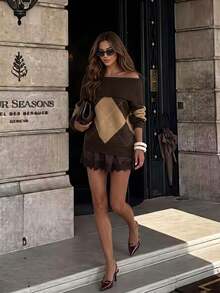 Serisse Sweater Wanita Off-Shoulder Motif Kisi Berlian Kasual Harian Lengan Panjang Musim Gugur Dark Academia Argyle Oversized Tebal - Coffee Brown - View 8