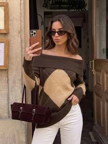 Serisse Sweater Wanita Off-Shoulder Motif Kisi Berlian Kasual Harian Lengan Panjang Musim Gugur Dark Academia Argyle Oversized Tebal - Coffee Brown - View 3