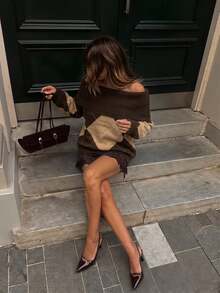 Serisse Sweater Wanita Off-Shoulder Motif Kisi Berlian Kasual Harian Lengan Panjang Musim Gugur Dark Academia Argyle Oversized Tebal - Coffee Brown - View 4