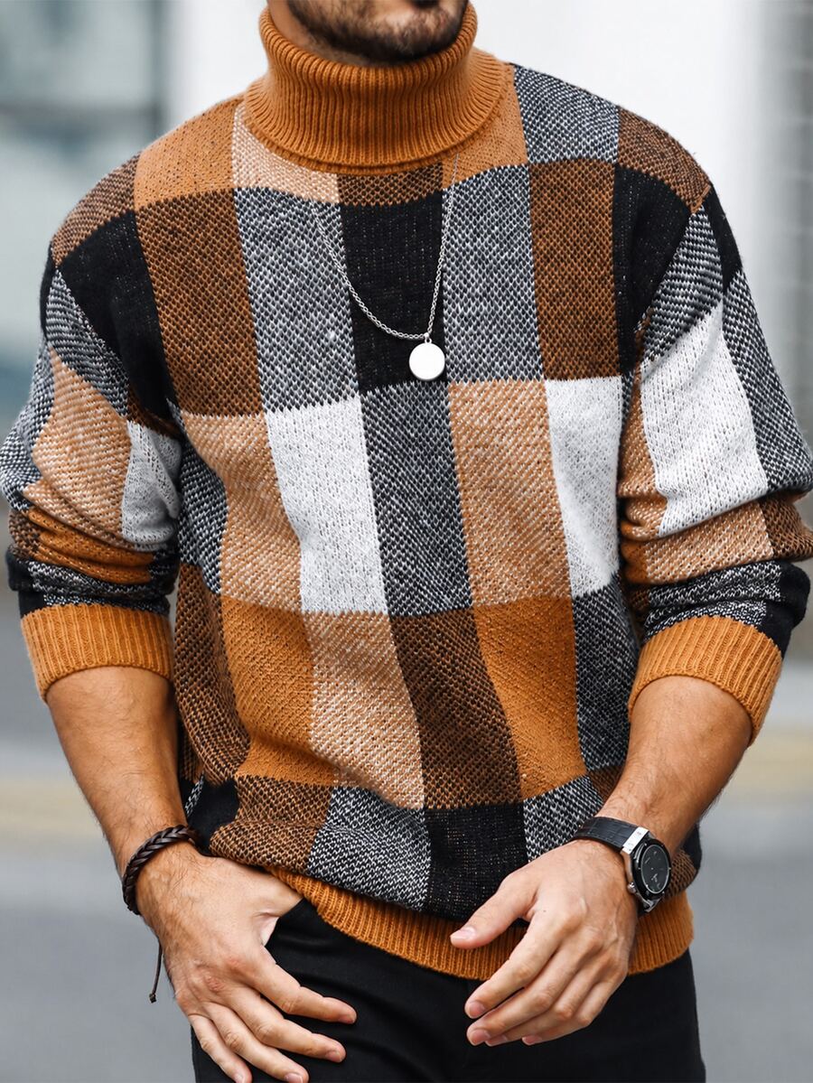 Marcello Vane Old Money Men's Plaid Patchwork Turtleneck Sweater Casual Retro 80s Long Sleeve Knit Pullover For Autumn Vacation Holiday Brown Checkered Beach - Multicolor - View 1