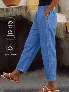 SHEIN PETITE Women's Casual Washed Side Button Denim Jeans - Blue - View 1