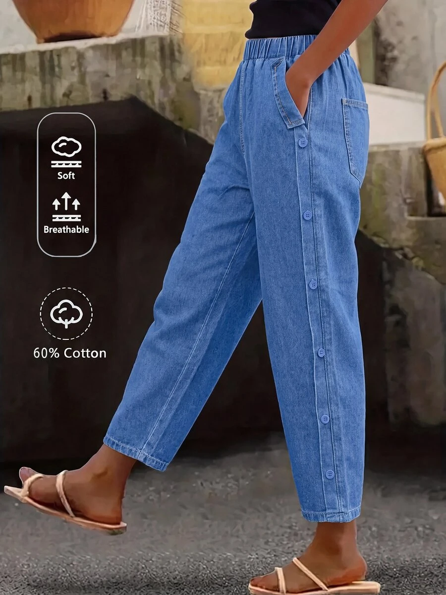 SHEIN PETITE Women's Casual Washed Side Button Denim Jeans - Blue - View 1