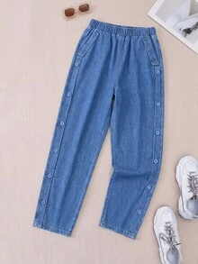 SHEIN PETITE Women's Casual Washed Side Button Denim Jeans - Blue - View 5