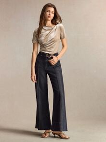 BizChic Women's Apricot Velvet Asymmetrical Neckline Ruched Short Sleeve Slim Fit T-Shirt, Business Formal Vacation Commute Date Daily Office Slimming Elegant Sexy Versatile Autumn Halloween Back To School Party Birthday Wedding Guest Church Special Occasion Minimalist Street Style Casual Elegant French Vintage Romantic - Khaki - View 5