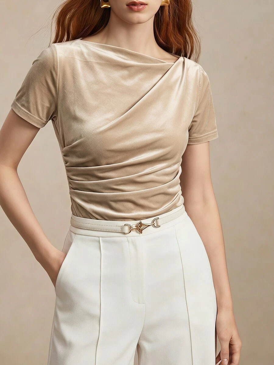 BizChic Women's Apricot Velvet Asymmetrical Neckline Ruched Short Sleeve Slim Fit T-Shirt, Business Formal Vacation Commute Date Daily Office Slimming Elegant Sexy Versatile Autumn Halloween Back To School Party Birthday Wedding Guest Church Special Occasion Minimalist Street Style Casual Elegant French Vintage Romantic - Khaki - View 1