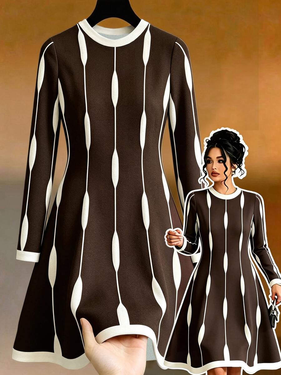 GlowEve CURVE Gaun Kasual Wanita Ukuran Besar dengan Motif Blok Warna, Leher Bulat, Lengan Panjang, Cocok untuk Musim Semi/Gugur, Sesuai untuk Bepergian, Liburan, dan Pakaian Sehari-hari - MultiWarna - View 1