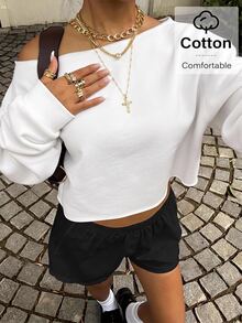 SHEIN EZwear 女款棉混紡露肩短版運動衫，船領寬鬆休閒長袖加厚衛衣，適合健身、舞蹈、秋冬穿著 - 彩色 - 查看 6