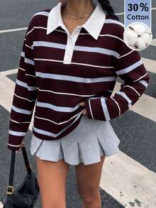 Muchica Women's Korean Style Button Half-Placket Striped Long Sleeve T-Shirt - Multicolor - View 1