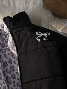 SHEIN 青少年女孩黑色豹紋雙穿式蝴蝶結長袖短版夾克，秋冬款 - 黑色 - 查看 8
