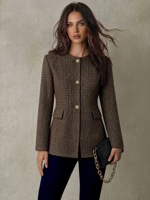 Trelyra Round Neck Solid Color Metal Button Decor Hem Patchwork Commuter Blazer Office Business Dark Brown Summer Casual Elegant - Multicolor - View 7