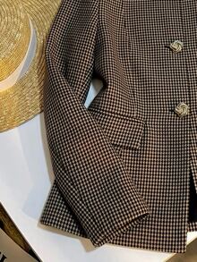 Trelyra Round Neck Solid Color Metal Button Decor Hem Patchwork Commuter Blazer Office Business Dark Brown Summer Casual Elegant - Multicolor - View 6