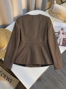 Trelyra Round Neck Solid Color Metal Button Decor Hem Patchwork Commuter Blazer Office Business Dark Brown Summer Casual Elegant - Multicolor - View 5