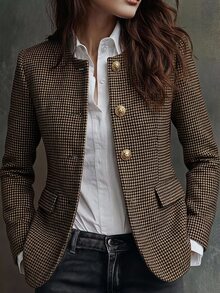 Trelyra Round Neck Solid Color Metal Button Decor Hem Patchwork Commuter Blazer Office Business Dark Brown Summer Casual Elegant - Multicolor - View 1