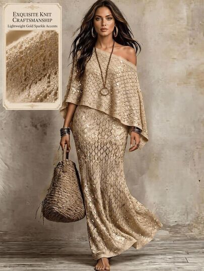 SHEIN Women's Fashion Diamond Lattice Pattern Gold Thread Glitter Multi-Wear Atmosphere Knit Two Pieces Set Dress