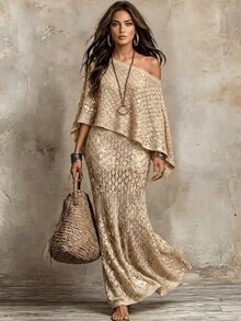 SHEIN Women's Fashion Diamond Lattice Pattern Gold Thread Glitter Multi-Wear Atmosphere Knit Two Pieces Set Dress - Apricot - View 8