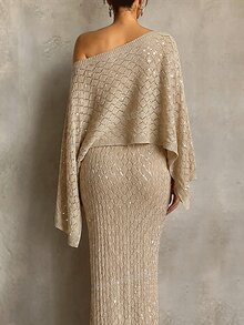 SHEIN Women's Fashion Diamond Lattice Pattern Gold Thread Glitter Multi-Wear Atmosphere Knit Two Pieces Set Dress - Apricot - View 3