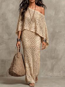 SHEIN Women's Fashion Diamond Lattice Pattern Gold Thread Glitter Multi-Wear Atmosphere Knit Two Pieces Set Dress - Apricot - View 10